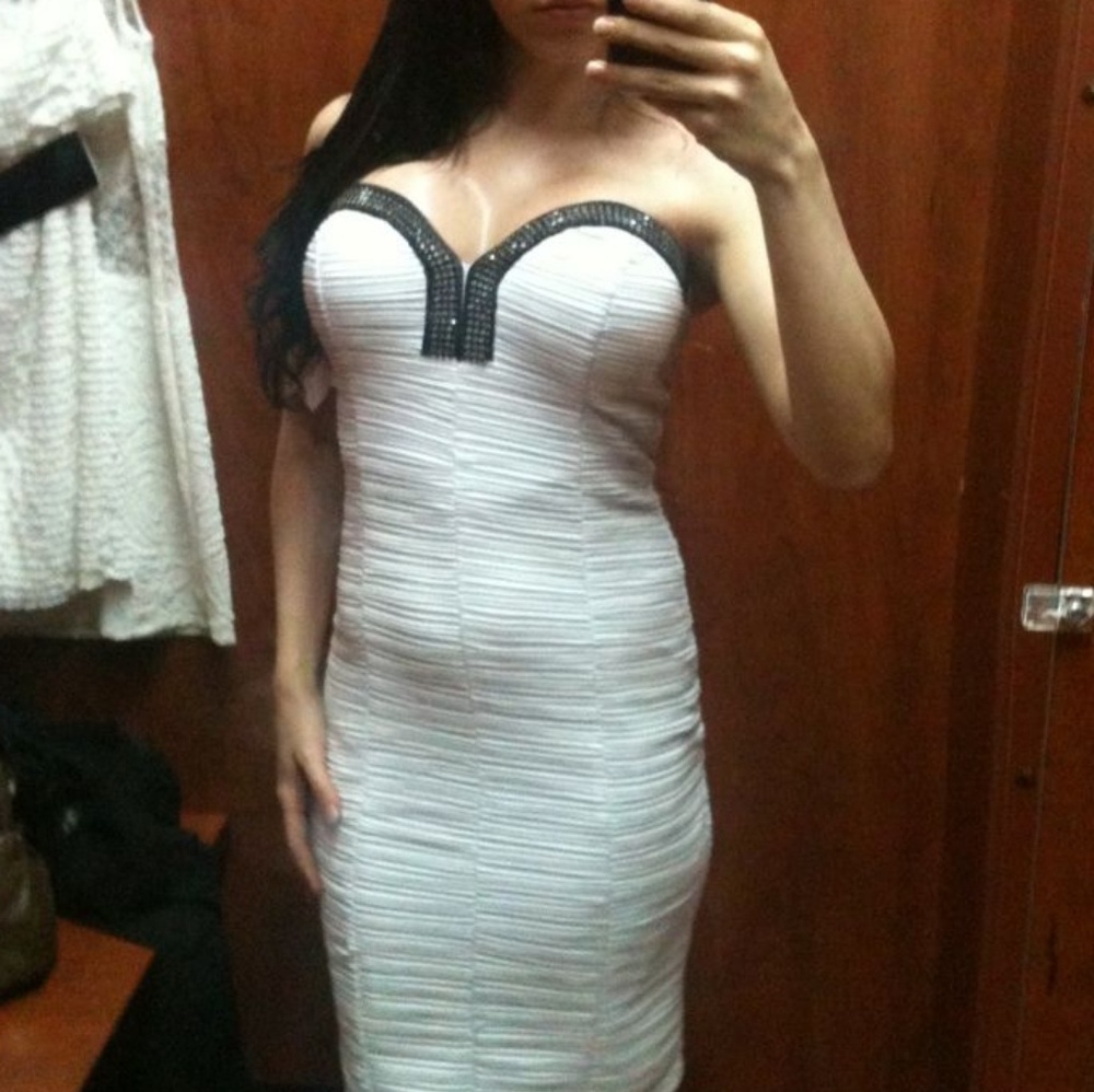 Strapless White Dress with Black Crystal Detailing